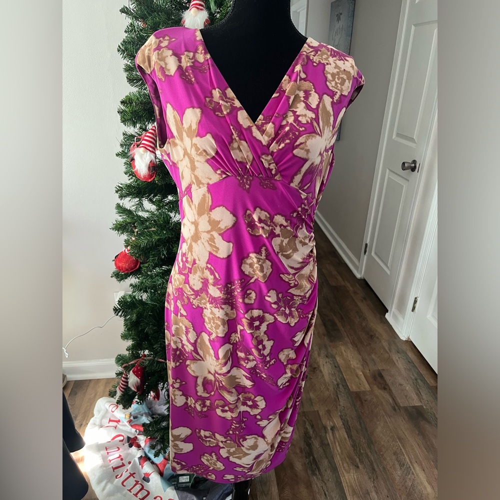 Ralph Lauren Purple&Tan Floral Ruched Dress